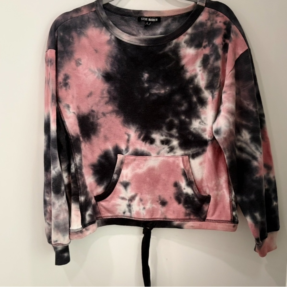 Steve Madden Women Pullover Tie Dye Sweatshirt Pocket Pink Black Size Large - Picture 1 of 5